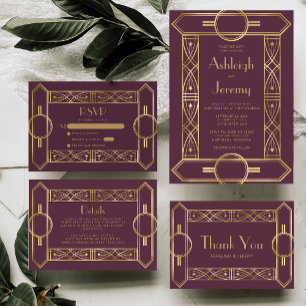 Cartão De Informações Vintage 1920 Deco Burgundy Dourado Wedding RSVP