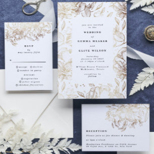 Convite Casamento Botânico Dourado Elegante Branco