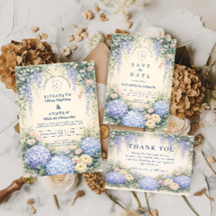 Cartão De Agradecimento Casamento de Hortênsia Azul e Rosa Marfim