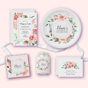 Convite Festa de aniversário Floral de 90 Rosa Elegante