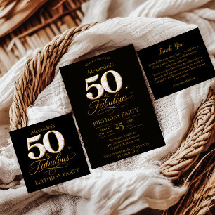 Convite Elegante Preto Dourado Aniversário de 50 anos