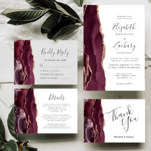 Cartão Casamento Dourado de Agate Burgundy Obrigado