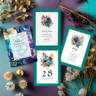 Convite Casamento Teal, Roxo e Dourado Floral