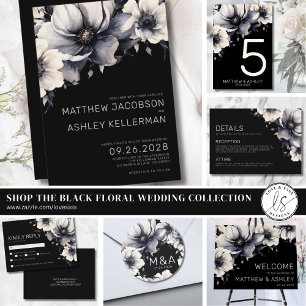 Leque Programa de Cerimônia de Casamento Negro Floral Mo