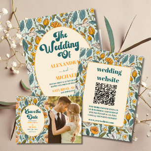Cartão De Informações Boho Chic Retro Colorful Floral Wedding Qr code
