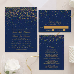 Convite Marinho Blue & Glam Dourado Casamento Confetti