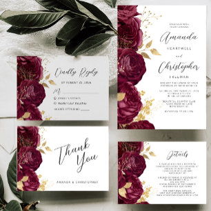 Cartão RSVP Casamento Dourado Floral Moderno Burgundy