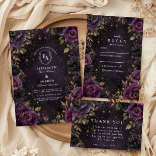 Cartão RSVP Casamento Gótico da Galáxia da Meia-Noite Roxa