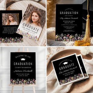 Convite Festa de Formatura Boho Wildflowers Preta