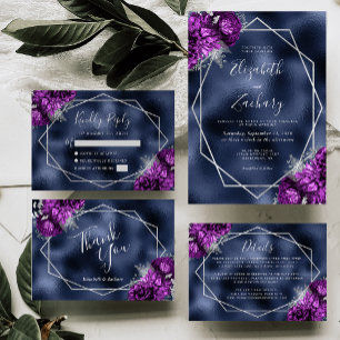 Cartão De Informações Detalhes do Casamento Azul do Marinho Floral Roxo