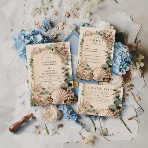 Convite Casamento Romântico com Concha Costeira Vintage