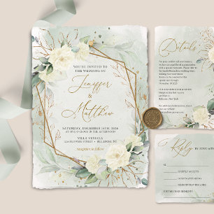 Convite Casamento Dourado de Eucalyptus Greenery White Ros