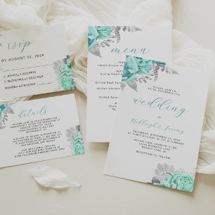 Convite Casamento de Script de Prata de Aqua Floral Elegan