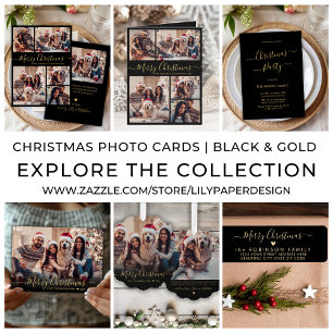 Cartão De Festividades Natal do Elegant Black and Dourado Script 2 Photo