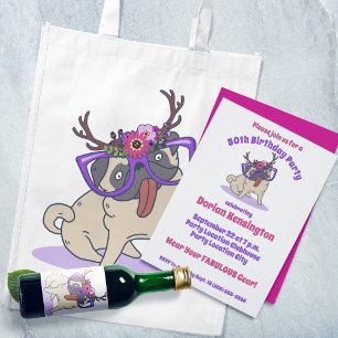 Convite Bela Menina Boho Floral Pug Puro Óculos Aniversári