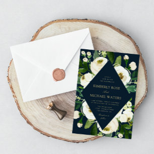 Convite Casamento de marinho de quadro floral branco de ma