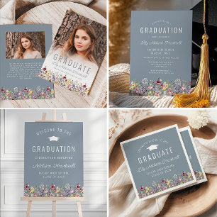Convite Festa de Formatura Boho Wildflowers Azul Empoeirad