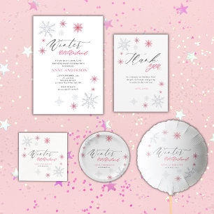 Convite Aniversário de 1 ano Pink Winter Onederland Flocos