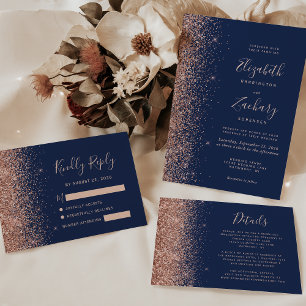 Cartão RSVP Borda com Brilho Azul Navy Rosa Dourado Moderna