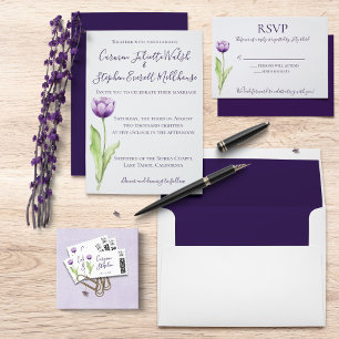 Convite Casamento de Tulipas de Solteiro Roxo Minimalista
