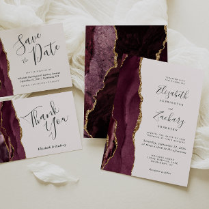 Convite Modern Burgundy Dourado Agate Blush Salve a Data