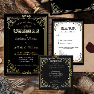 Cartão De Informações Vintage Deco Art Legant Black White Casamento Dour