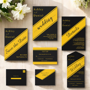 Elegante Casamento Moderno Preto e Dourado Chique 