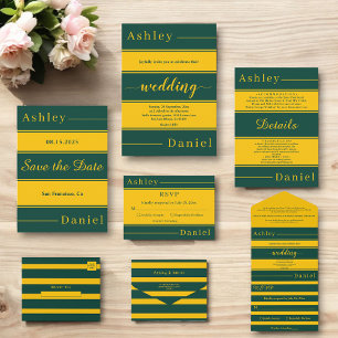 Convite Casamento De Luxo Elegante Verde E Dourado Listras