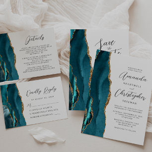 Convite Casamento Azul Ágata Dourado Script