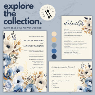 Convite Casamento Floral Dourado de Inverno Elegante Dusty