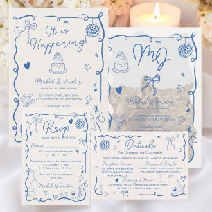 Cartão RSVP Trendy retro francês azul ilustrado casamento QR