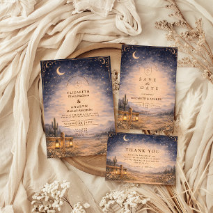 Convite Casamento Ocidental ao Luar no Deserto Celestial