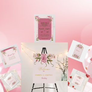 Adesivo Redondo Aniversário de Gêmeos Duplos Rosa Pastel