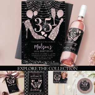 Convite Luxo 35º Aniversário Rosa Dourado e negro