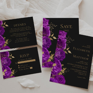 Convite Casamento Dourado Roxo Romântico