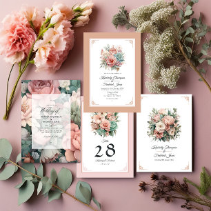 Convite Dusty Rosa, Mint Green e Blush Floral Wedding