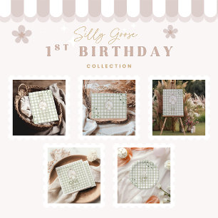 Convite Gingham Verde primeiro aniversario bobo Goose