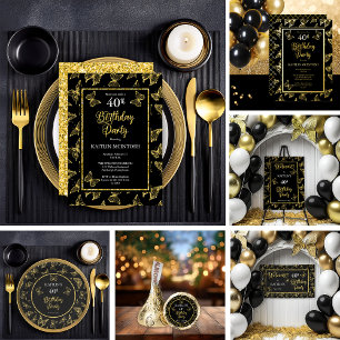 Convite Partido Elegante Black Dourado Butterflies anivers