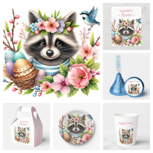 Cartão Postal Ovos de Páscoa Aquarela Guaxinim Flores de Cerejei