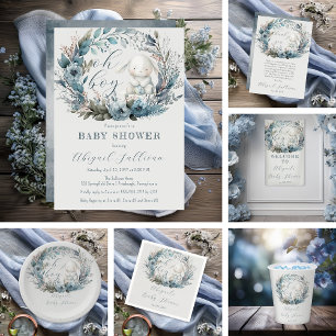Convite Oh Boy Bunny Rabbit Blue Floral Wreath Chá de fral