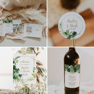 Adesivo Redondo Vinheta de Casamento de Praia Tropical