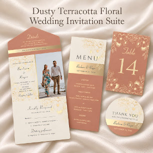 Convite Casamento Floral em Terracota Dourada Empoeirada