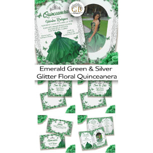Adesivo Redondo Emerald Green Silver Glitter Floral Quinceanera