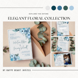 Cartão De Informações Casamento Azul com Derrame Floral Elegante