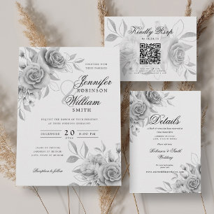 Convite Floral de Silver Watercolor Silver Script Elegante