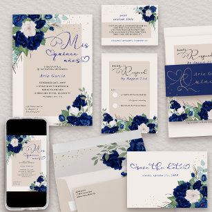 Convite Mis Quince Anos Royal Blue Marinho Floral Quincean