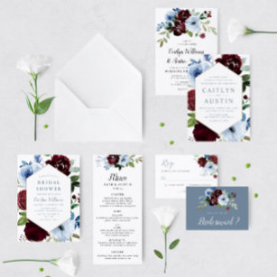 Convite casamento floral azul-Dusty e burgundy geométrico