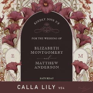 Convite Black Purple Calla Lily Wedding Art Nouveau Mucha