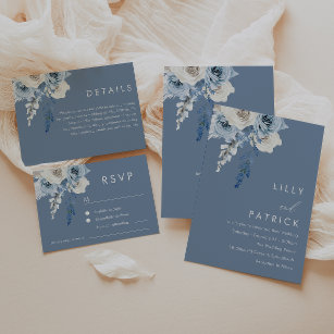 Convite Casamento Floral Azul e Branco Moderno