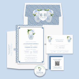 Convite Casamento de Jar de Gengibre Azul Floral e Branco